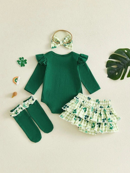 Baby Girls Irish Outfit Long Sleeve Shamrock Letter Print Romper Shorts Headband Socks Set Infant Clothes