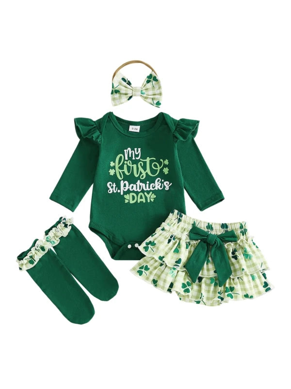 Baby Girls Irish Outfit Long Sleeve Shamrock Letter Print Romper Shorts Headband Socks Set Infant Clothes