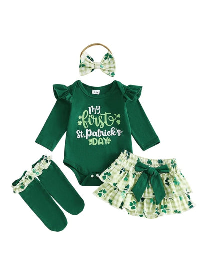 Baby Girls Irish Outfit Long Sleeve Shamrock Letter Print Romper Shorts Headband Socks Set Infant Clothes
