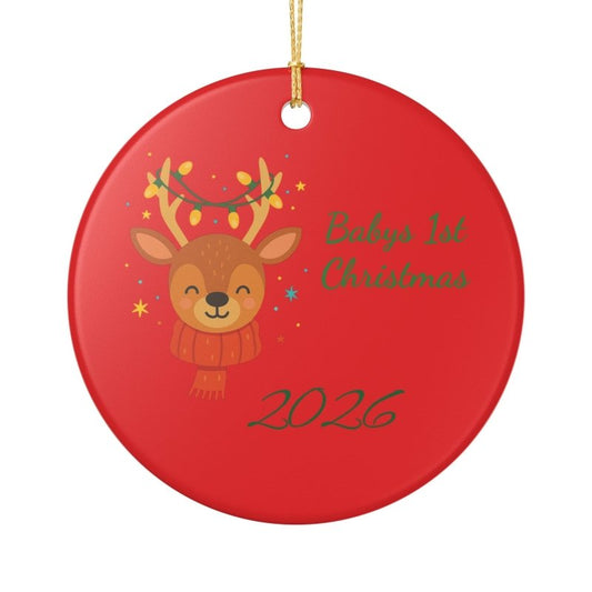 Baby’s 1st Christmas Ceramic Ornament — Personalized Red Reindeer Keepsake - Hands & Toes