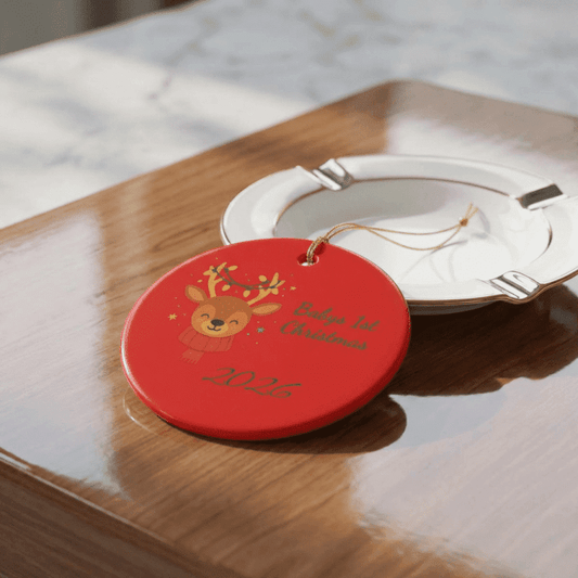 Baby’s 1st Christmas Ceramic Ornament — Personalized Red Reindeer Keepsake - Hands & Toes