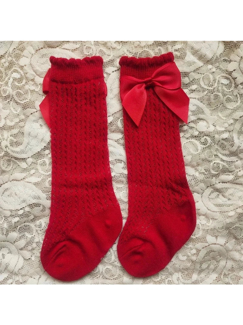 Baby's Christmas Red Socks Sweet Big Bows Knee High Princess Sock - Hands & Toes