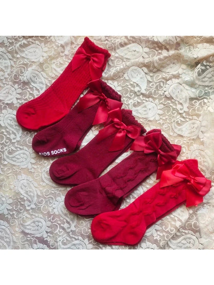 Baby's Christmas Red Socks Sweet Big Bows Knee High Princess Sock - Hands & Toes