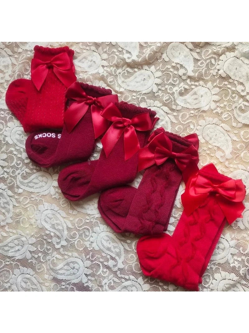 Baby's Christmas Red Socks Sweet Big Bows Knee High Princess Sock - Hands & Toes