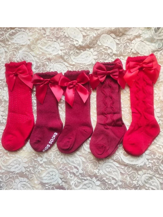 Baby's Christmas Red Socks Sweet Big Bows Knee High Princess Sock - Hands & Toes