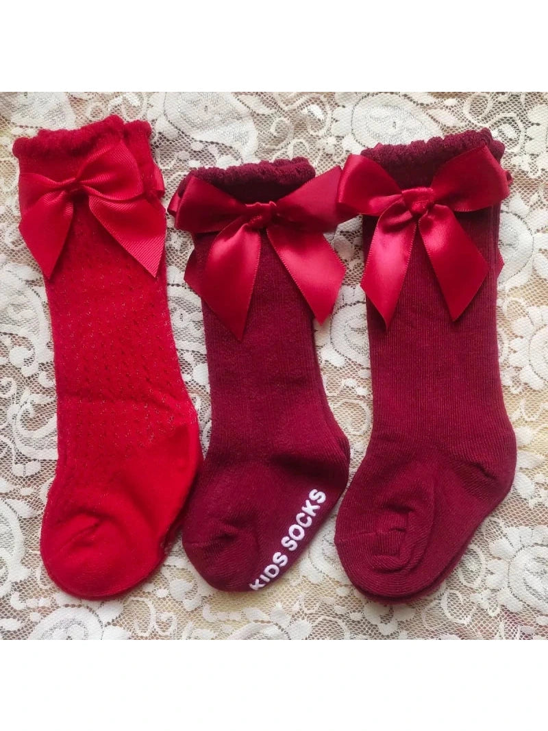 Baby's Christmas Red Socks Sweet Big Bows Knee High Princess Sock - Hands & Toes