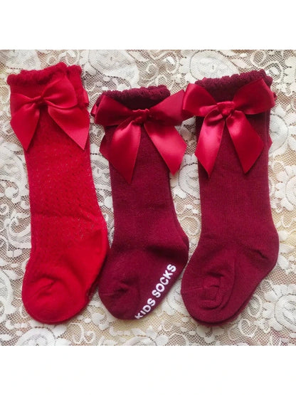 Baby's Christmas Red Socks Sweet Big Bows Knee High Princess Sock - Hands & Toes