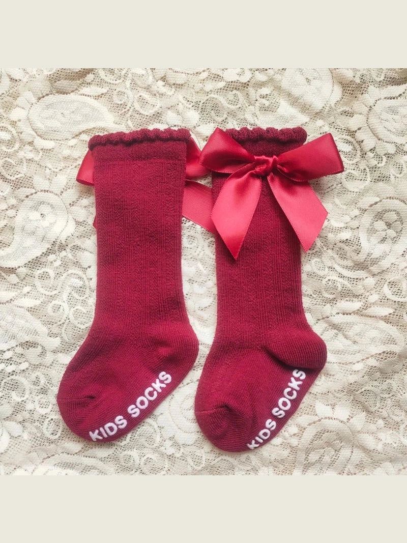 Baby's Christmas Red Socks Sweet Big Bows Knee High Princess Sock - Hands & Toes