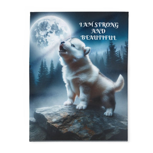 Cozy Arctic Fleece Blanket with Wolf Design - I Am Strong and Beautiful, Perfect Gift for Animal Lovers, Home Decor, Winter Warmth, ...