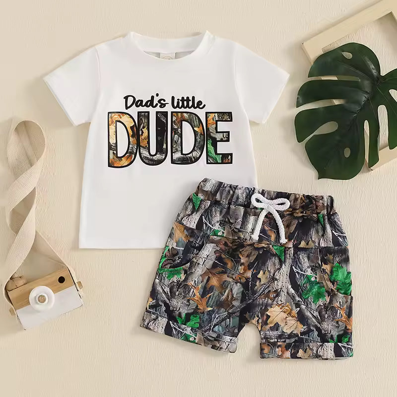 Boys 2pcs Summer Dads Little Dude Short Sleeve Letter Print T-shirt with Leaves Print Shorts Outfits