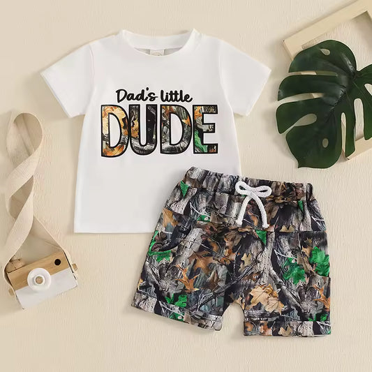Boys 2pcs Summer Dads Little Dude Short Sleeve Letter Print T-shirt with Leaves Print Shorts Outfits