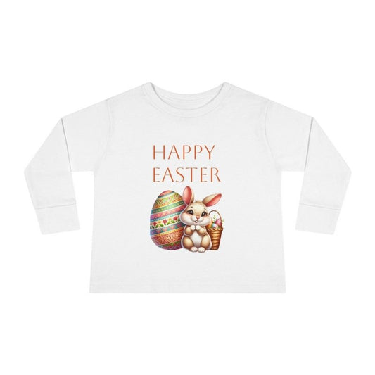 Happy Easter Toddler Long Sleeve Tee - Cute Bunny & Egg Design - Hands & Toes