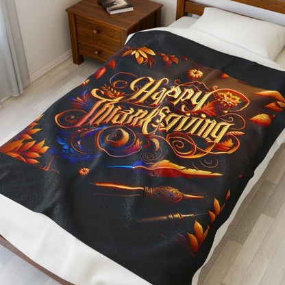 Happy Thanksgiving Velveteen Plush Blanket — Festive Autumn Throw for Holiday Cozy Nights