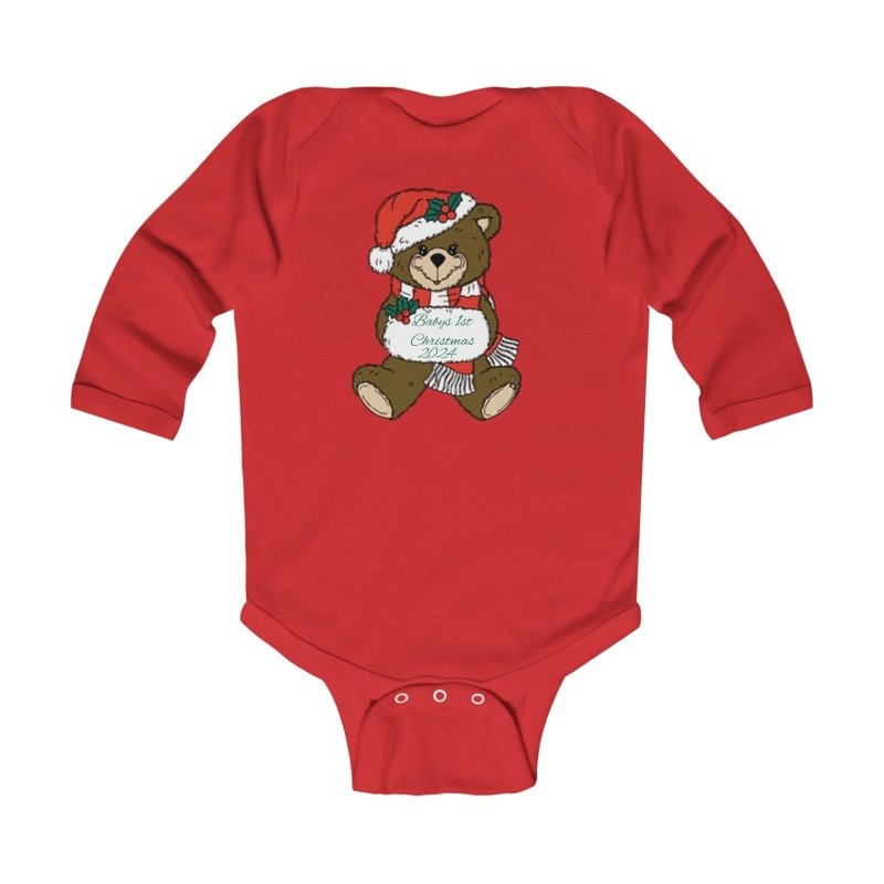 Infant Bodysuit Babys 1st Christmas Cute Teddy in Santa Hat “Merry Christmas” Baby Onesie - Hands & Toes