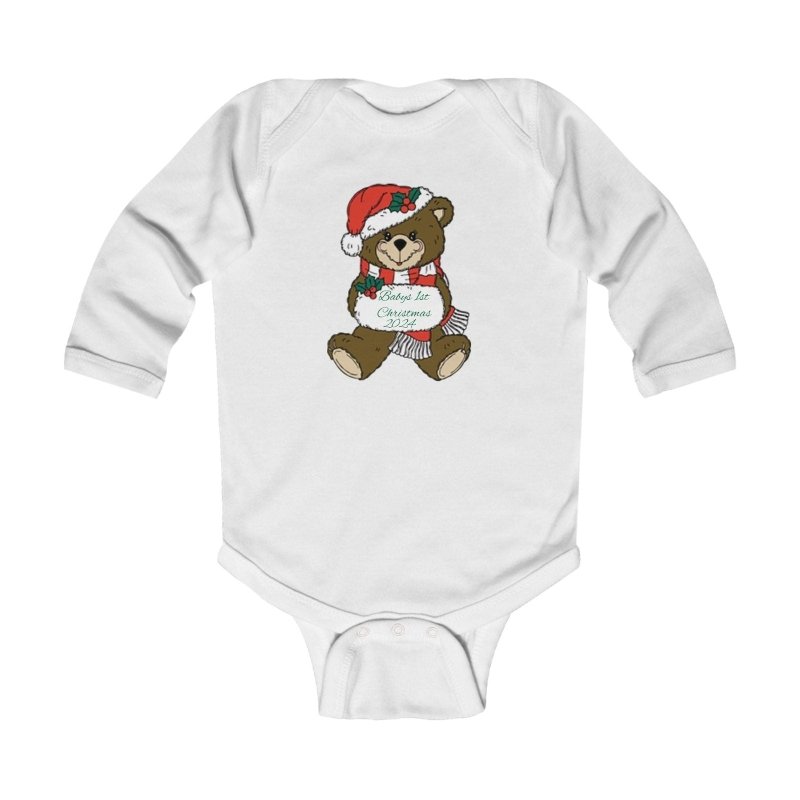 Infant Bodysuit Babys 1st Christmas Cute Teddy in Santa Hat “Merry Christmas” Baby Onesie - Hands & Toes