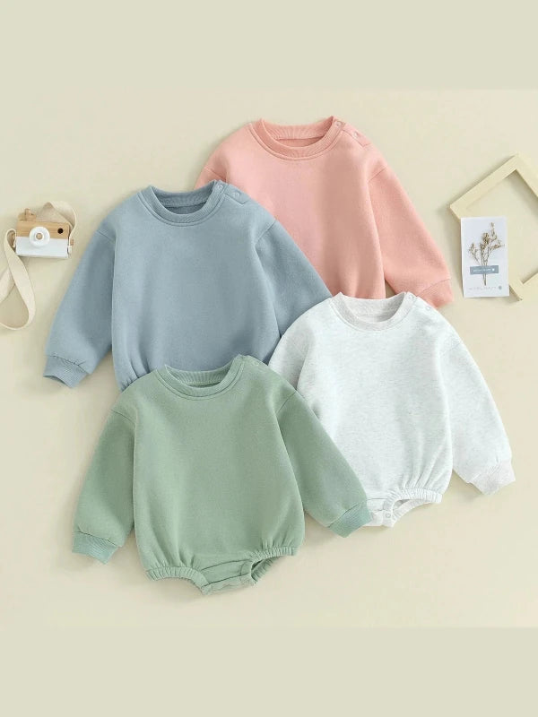 Lioraitiin 0-18M Newborn Baby Boy Girl Outfits Fleece Solid Color Bubble Bodysuit Sweatshirt Long Sleeve Warm Clothes