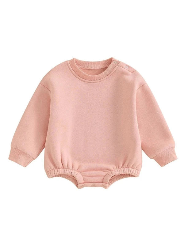 Lioraitiin 0-18M Newborn Baby Boy Girl Outfits Fleece Solid Color Bubble Bodysuit Sweatshirt Long Sleeve Warm Clothes