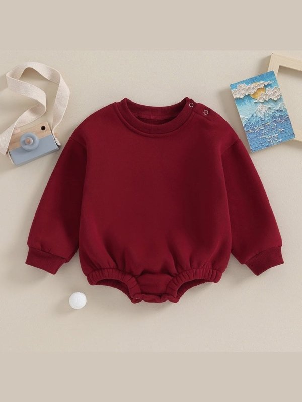 Lioraitiin 0-18M Newborn Baby Boy Girl Outfits Fleece Solid Color Bubble Bodysuit Sweatshirt Long Sleeve Warm Clothes