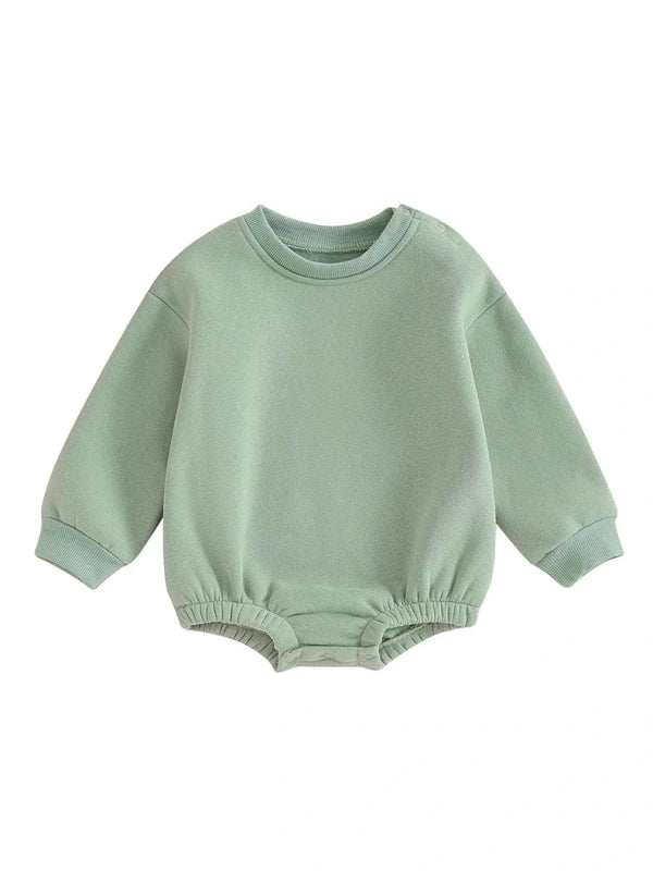 Lioraitiin 0-18M Newborn Baby Boy Girl Outfits Fleece Solid Color Bubble Bodysuit Sweatshirt Long Sleeve Warm Clothes