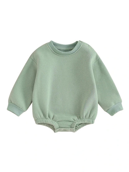 Lioraitiin 0-18M Newborn Baby Boy Girl Outfits Fleece Solid Color Bubble Bodysuit Sweatshirt Long Sleeve Warm Clothes