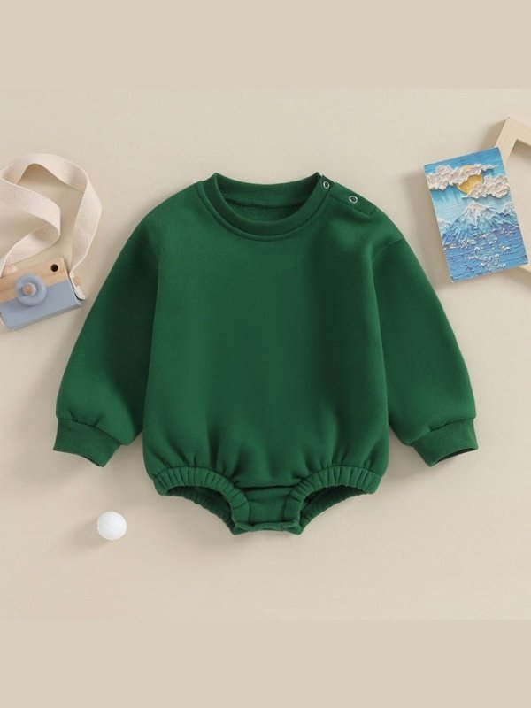 Lioraitiin 0-18M Newborn Baby Boy Girl Outfits Fleece Solid Color Bubble Bodysuit Sweatshirt Long Sleeve Warm Clothes
