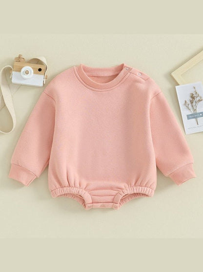 Lioraitiin 0-18M Newborn Baby Boy Girl Outfits Fleece Solid Color Bubble Bodysuit Sweatshirt Long Sleeve Warm Clothes