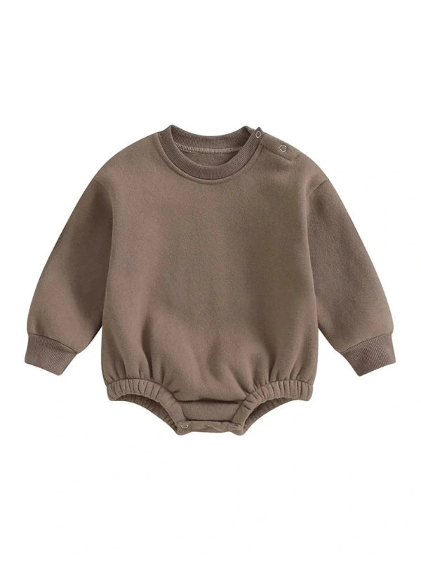 Lioraitiin 0-18M Newborn Baby Boy Girl Outfits Fleece Solid Color Bubble Bodysuit Sweatshirt Long Sleeve Warm Clothes