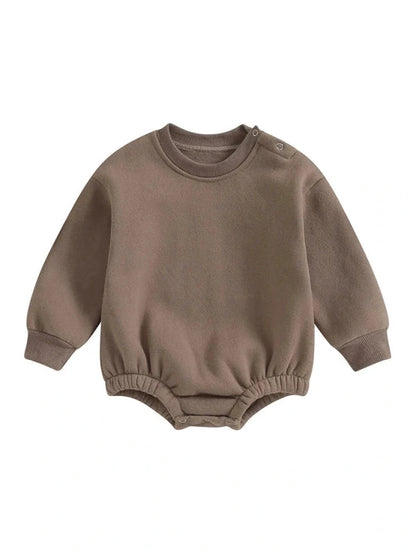 Lioraitiin 0-18M Newborn Baby Boy Girl Outfits Fleece Solid Color Bubble Bodysuit Sweatshirt Long Sleeve Warm Clothes