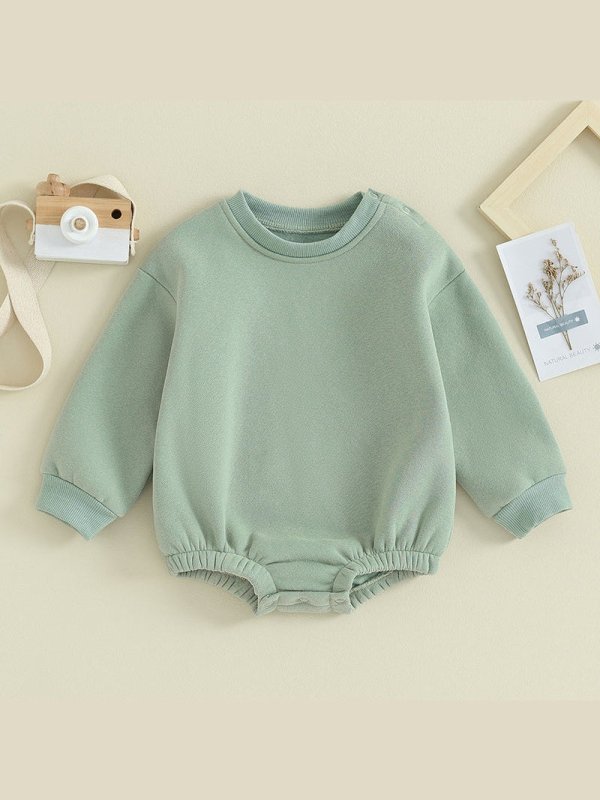 Lioraitiin 0-18M Newborn Baby Boy Girl Outfits Fleece Solid Color Bubble Bodysuit Sweatshirt Long Sleeve Warm Clothes
