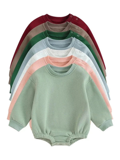 Lioraitiin 0-18M Newborn Baby Boy Girl Outfits Fleece Solid Color Bubble Bodysuit Sweatshirt Long Sleeve Warm Clothes