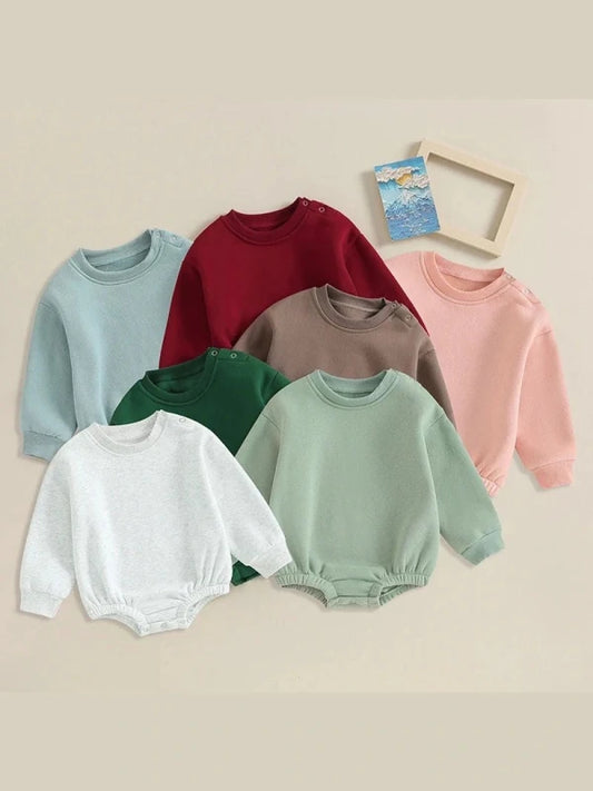 Lioraitiin 0-18M Newborn Baby Boy Girl Outfits Fleece Solid Color Bubble Bodysuit Sweatshirt Long Sleeve Warm Clothes