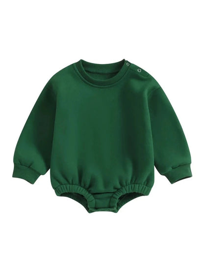 Lioraitiin 0-18M Newborn Baby Boy Girl Outfits Fleece Solid Color Bubble Bodysuit Sweatshirt Long Sleeve Warm Clothes