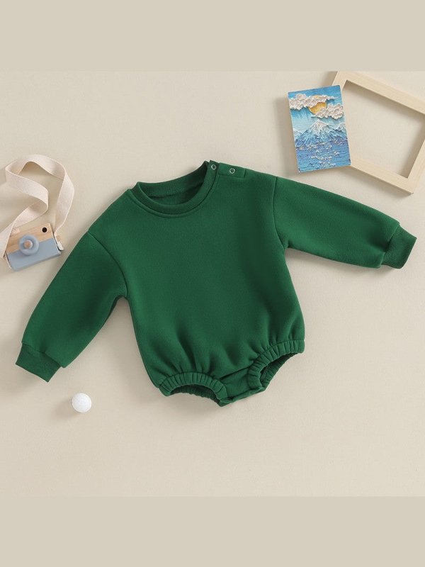 Lioraitiin 0-18M Newborn Baby Boy Girl Outfits Fleece Solid Color Bubble Bodysuit Sweatshirt Long Sleeve Warm Clothes
