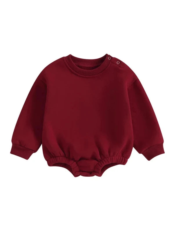 Lioraitiin 0-18M Newborn Baby Boy Girl Outfits Fleece Solid Color Bubble Bodysuit Sweatshirt Long Sleeve Warm Clothes
