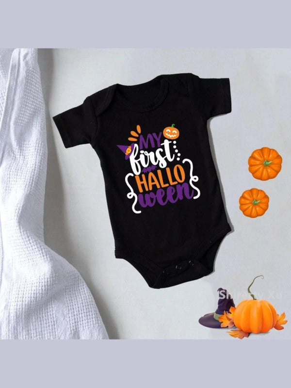 My First Halloween Pumpkin Baby Bodysuit Black Cotton