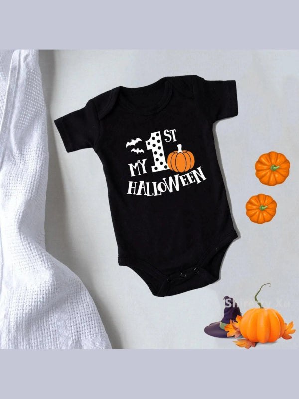 My First Halloween Pumpkin Baby Bodysuit Black Cotton