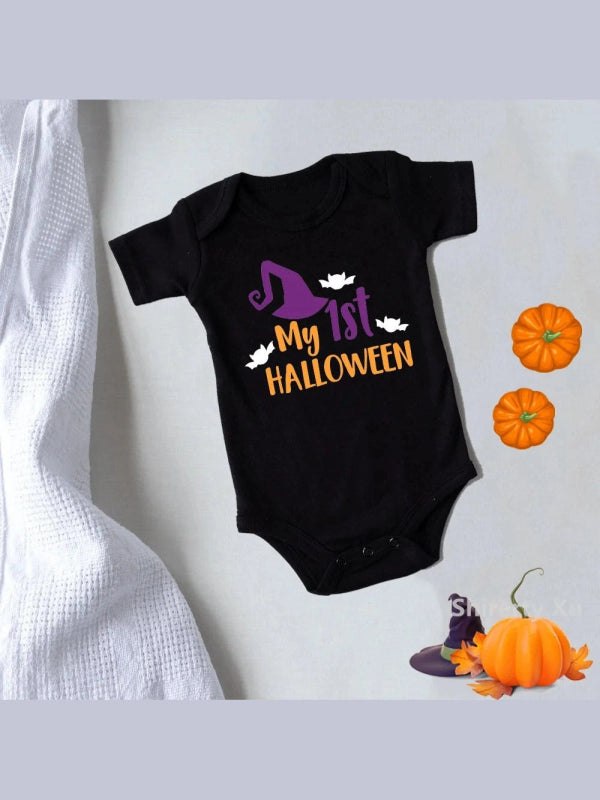 My First Halloween Pumpkin Baby Bodysuit Black Cotton