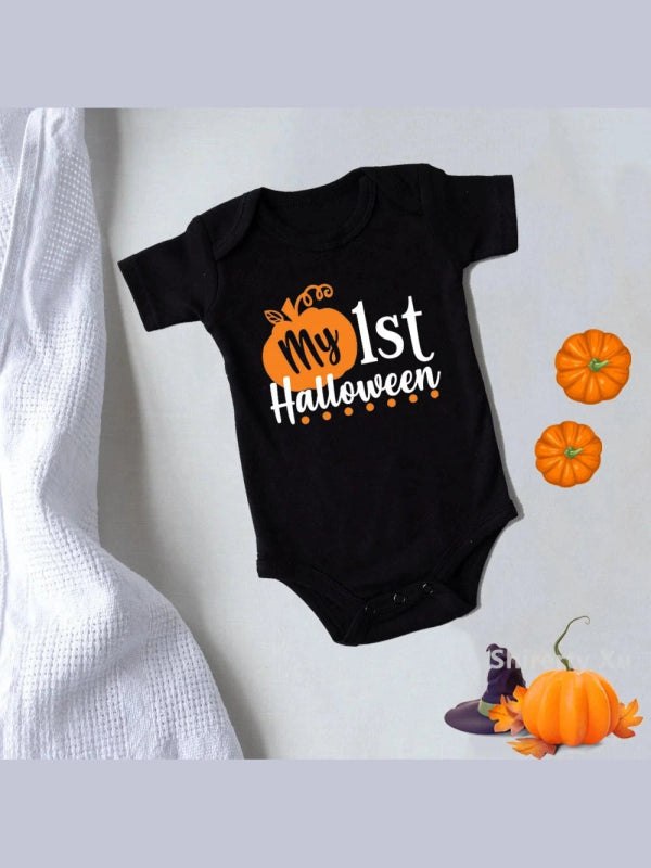 My First Halloween Pumpkin Baby Bodysuit Black Cotton