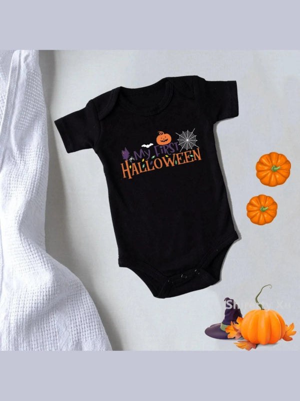 My First Halloween Pumpkin Baby Bodysuit Black Cotton