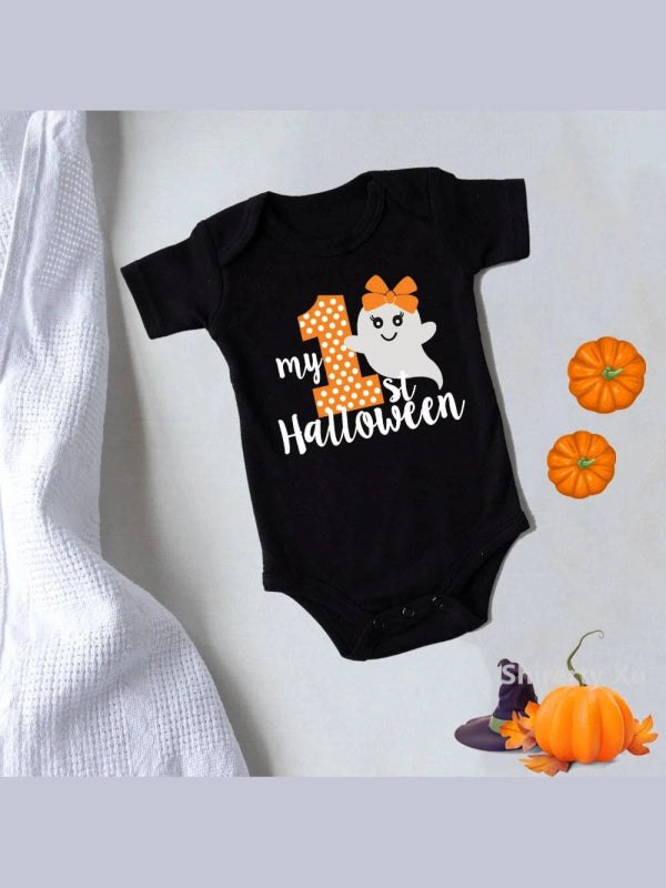 My First Halloween Pumpkin Baby Bodysuit Black Cotton
