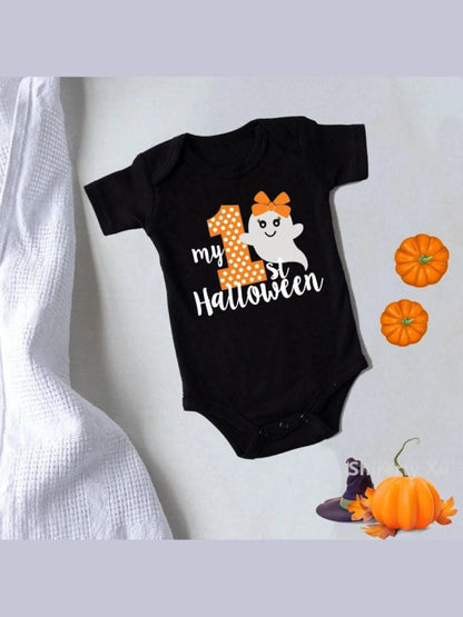 My First Halloween Pumpkin Baby Bodysuit Black Cotton