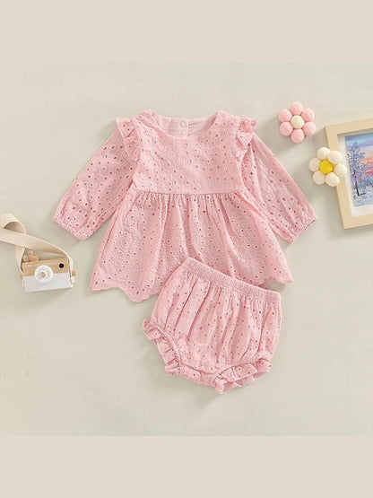 Newborn Baby Girls 0 - 24M Solid Ruffles Long Sleeve Pleated Dress+Shorts Bloomers Cotton Outfits - Hands & Toes