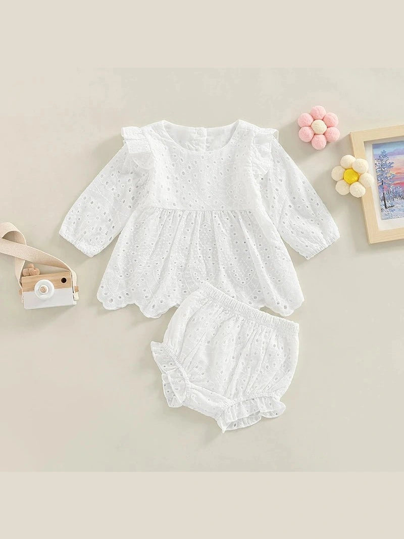 Newborn Baby Girls 0 - 24M Solid Ruffles Long Sleeve Pleated Dress+Shorts Bloomers Cotton Outfits - Hands & Toes