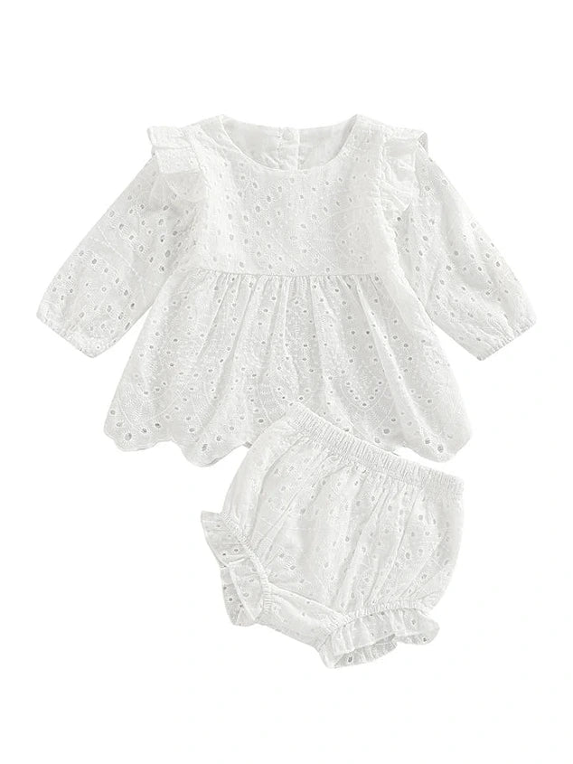 Newborn Baby Girls 0 - 24M Solid Ruffles Long Sleeve Pleated Dress+Shorts Bloomers Cotton Outfits - Hands & Toes