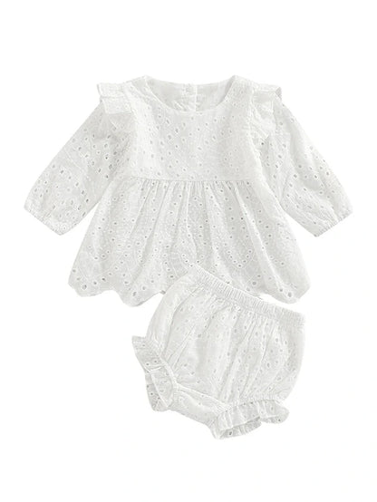 Newborn Baby Girls 0 - 24M Solid Ruffles Long Sleeve Pleated Dress+Shorts Bloomers Cotton Outfits - Hands & Toes