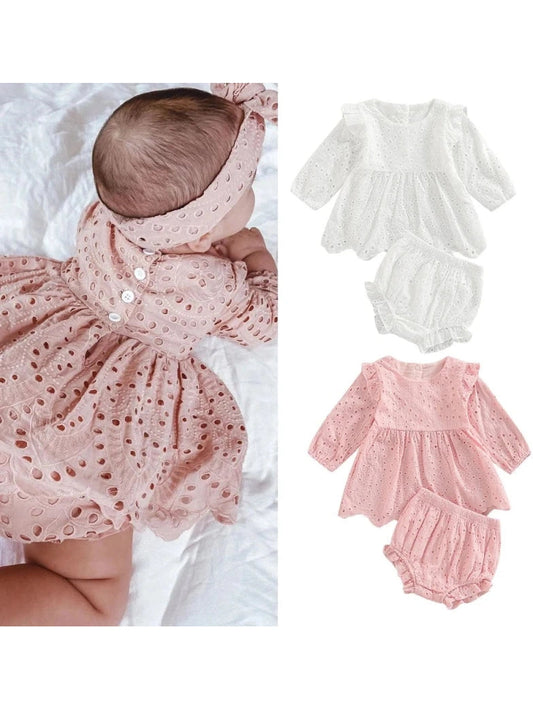 Newborn Baby Girls 0 - 24M Solid Ruffles Long Sleeve Pleated Dress+Shorts Bloomers Cotton Outfits - Hands & Toes