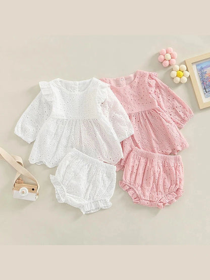 Newborn Baby Girls 0 - 24M Solid Ruffles Long Sleeve Pleated Dress+Shorts Bloomers Cotton Outfits - Hands & Toes