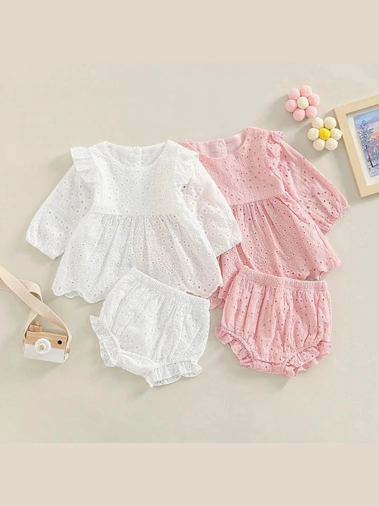 Newborn Baby Girls 0 - 24M Solid Ruffles Long Sleeve Pleated Dress+Shorts Bloomers Cotton Outfits - Hands & Toes
