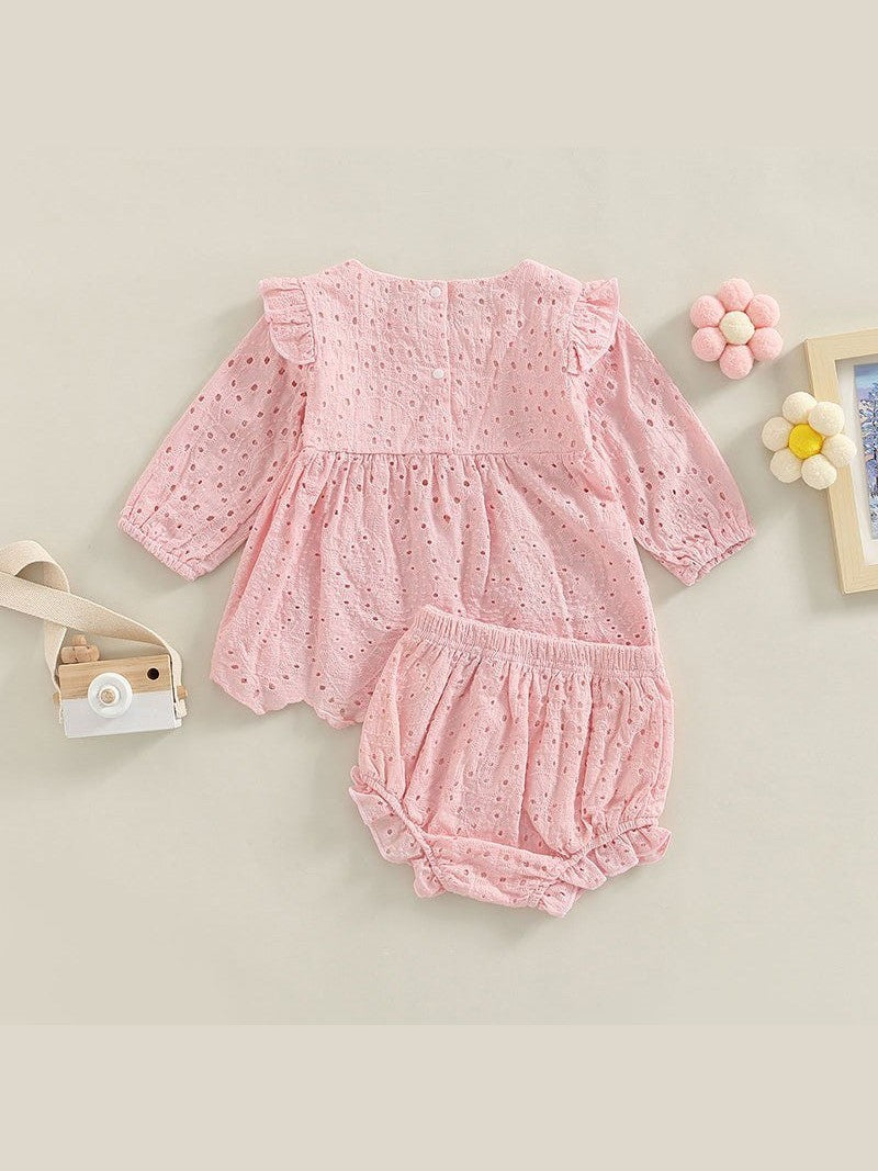 Newborn Baby Girls 0 - 24M Solid Ruffles Long Sleeve Pleated Dress+Shorts Bloomers Cotton Outfits - Hands & Toes