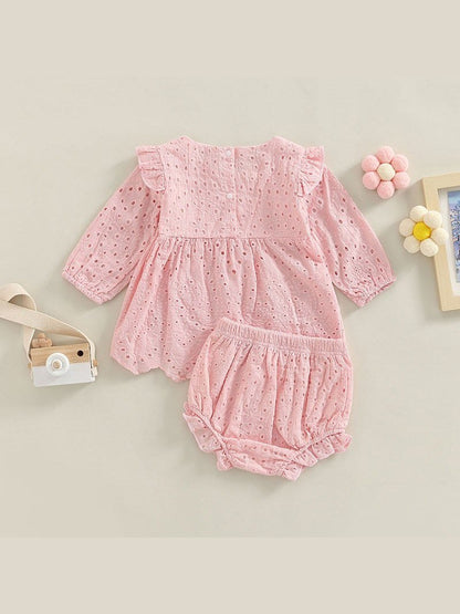 Newborn Baby Girls 0 - 24M Solid Ruffles Long Sleeve Pleated Dress+Shorts Bloomers Cotton Outfits - Hands & Toes